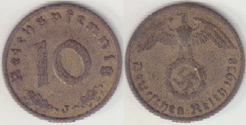 1938 J Germany 10 Pfennig A000626.